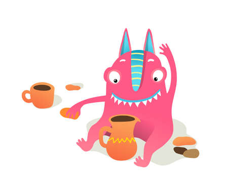 Monster kid character playing with play dough or clay, making crockery happy smiling. Cute creature for handmade festival. Vector cartoon illustration for kids isolated clip art.のイラスト素材