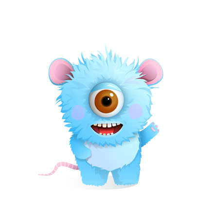 Cute hairy fluffy monster with one big eye for children, greeting or congratulating. Smiling imaginary creature design for kids, vector 3d cartoon illustration.のイラスト素材
