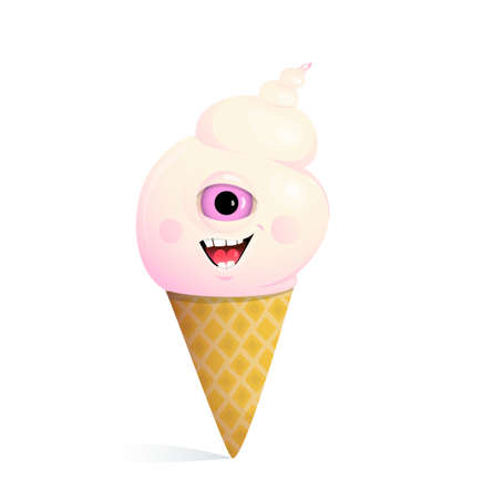 Cute icecream sweet monster with one big eye smiling happy. Funny ice cream creature character cartoon for children, vector 3d illustration.のイラスト素材