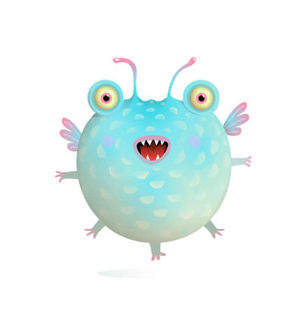 Cute round ball monster looking like fish with wings and many legs flying. Happy smiling 3d monster character design for children. Vector animal cartoon.のイラスト素材