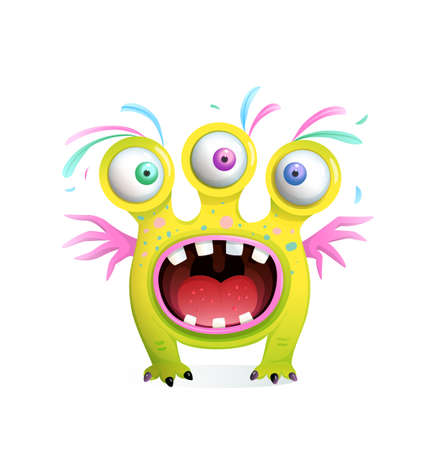 Crazy funny monster creature for kids with three eyes and wings, screaming mouth wide open with teeth. Vector 3d style cartoon for children.のイラスト素材