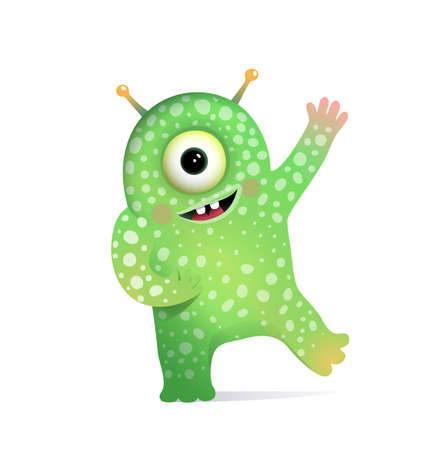 Green Alien Monster with Antennas Greeting for Kids. Cute fictional creature character design for children. Vector cartoon.のイラスト素材