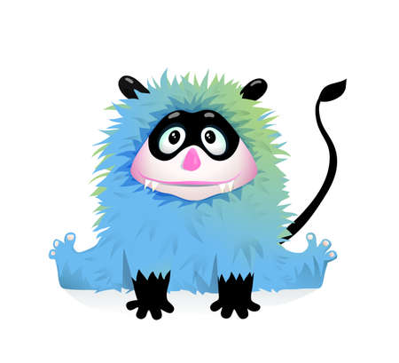 Cute little devil cartoon for kids friendly monster sitting smiling wearing black mask and tail. Vector children illustration.のイラスト素材