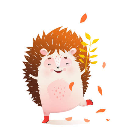 Baby hedgehog dance with fall leaves in autumn, clipart cartoon for children. Vector watercolor style cartoon.のイラスト素材