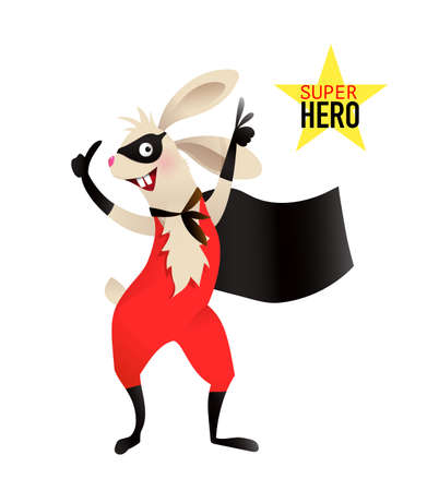 Superhero baby rabbit wearing costume with mask and cape. Cheerful animal show design for kids. Vector character design.のイラスト素材