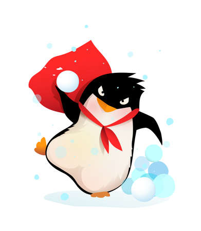 Angry penguin throwing snowballs, aiming and playing with snow. Kids and nursery winter joy and fun animal illustration, vector cartoon in watercolor style.のイラスト素材