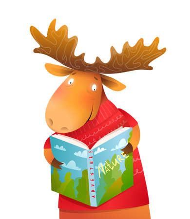 Moose wearing winter knitted sweater reading nature book cheerful kids character design. Cute and friendly animal character design for children in vector.のイラスト素材