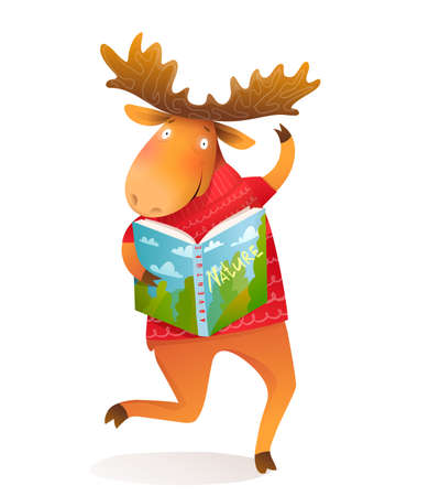 Happy Moose or Elk dancing and reading book about nature. Funny animal for kids wearing winter knitted sweater fantasy cartoon. Vector illustration.のイラスト素材
