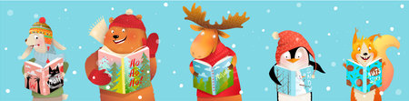 Animals for Kids Reading Books in Winter, Studying. Vector Christmas fairy tale banner character design, moose bear penguin and hare wearing winter clothes and reading. Vector in watercolor style.のイラスト素材