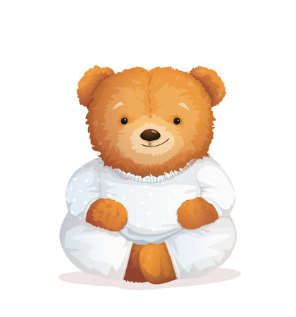 Teddy bear sitting in pajamas cute soft baby kids image for t shirt or card. Soft toy graphic print for apparel or gift card vector design, fashionable kids cartoon.のイラスト素材