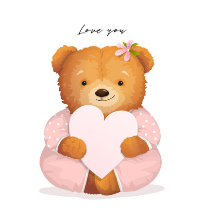 Cute Teddy Bear girl for chilren holding a heart gift card, valentines graphic design with soft baby toy, cute and lovely. Fashion and love apparel realistic print vector design for kids and adults.のイラスト素材
