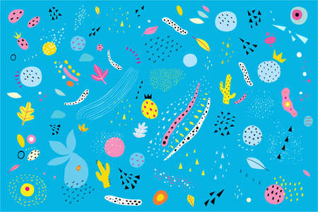 Collection of abstract organic shapes in bold vivid colors. Modern simple geometric design of leaves, cactus and other nature elements for package, fabric prints and backgrounds. Vector graphics.のイラスト素材