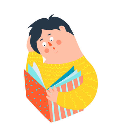 Man reading studying book, icon style abstract design with simple shapes, flat colorful graphic cartoon. Student boy thinking over story book. Modern abstract design. Vector style illustration.のイラスト素材