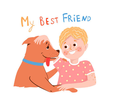 Little boy and dog best friends flat cartoon graphics with hand drawn lettering sign Best Friends. Vector kid dog owner illustration.のイラスト素材