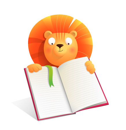 Baby Lion holding empty notebook or reading a book, studying or making presentation. Animal cartoon for kids montessori education. Vector isolated clipart illustration in watercolor style for kids.のイラスト素材