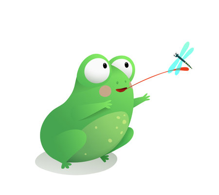 Cute frog or toad sitting catching a dragonfly with its long tongue. Funny adorable frog for children. Vector illustration for children in watercolor style.のイラスト素材