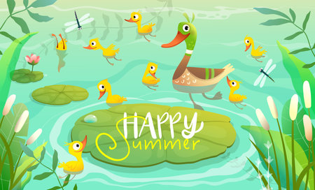 Duck family, mom duckling with little yellow chicks swimming on the pond or lake with lily pods and reeds. Vector pond scenery illustration for children in watercolor style.のイラスト素材
