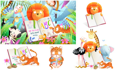 Jungle zoo animals in tropical forest studying to read book and write. Collection of kids cartoon animals at school. Vector cartoon illustration in watercolor style.のイラスト素材