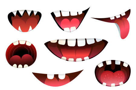 Cartoon mouth expression of monsters and creatures smiling, angry and shouting with tongue. Collection of isolated mouth stickers in different mood. Vector cartoon for kids.のイラスト素材