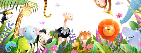 Jungle animals frame design for kids, African baby zoo banner in tropical forest. Many adorable safari or zoo animals in nature. Horizontal panorama for kids and children, vector art illustration.のイラスト素材