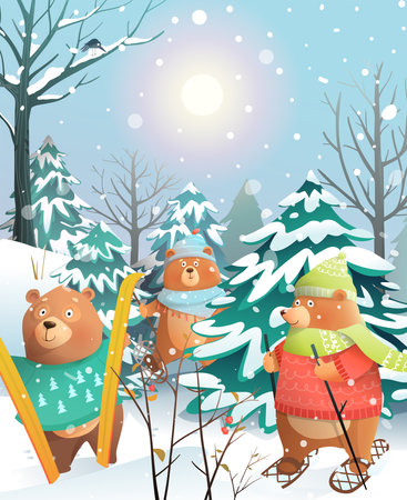 Cute Bears skiing in forest on a sunny winter Christmas day. Xmas greeting card for children. Merry Christmas watercolor style postcard vector graphic.のイラスト素材