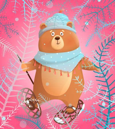 Bear go skiing or snowshoe in Winter forest for Christmas holidays, postcard or greeting card . Bear wearing scarf skiing, character illustration for kids. Children cartoon in watercolor style.のイラスト素材
