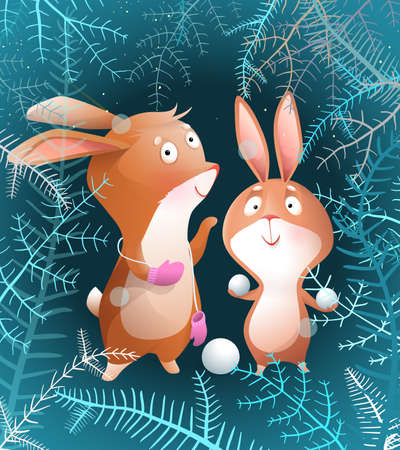 Two Rabbits or bunny playing with show in Christmas Winter greeting card. Christmas holidays bunny fun and joy. Winter characters illustration for kids. Children cartoon in watercolor style.のイラスト素材