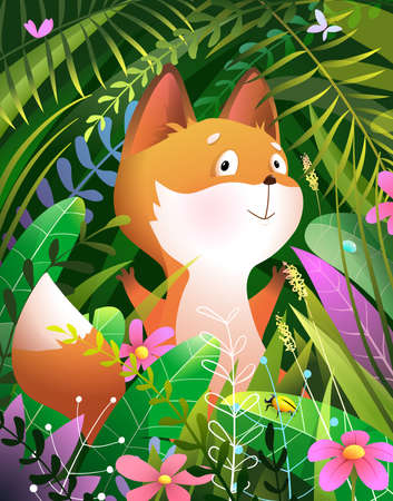 Cute baby fox greeting card for kids, peeping out from grass and flowers in forest or jungle. Children amusing fox animal postcard. Vector illustration in watercolor style.のイラスト素材