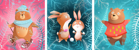 Animal Christmas and New Years greeting cards, great design for winter christmas holidays. Hand drawn winter season greeting card collection. Vector in watercolor style.のイラスト素材