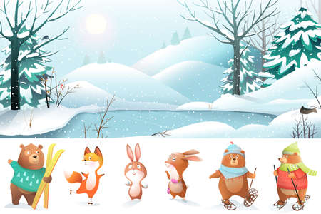 Christmas forest and snowy nature background illustration. Animals party, skiing and skating having fun in winter. Separate cute animals clipart for forest wallpaper. Vector in watercolor style.のイラスト素材