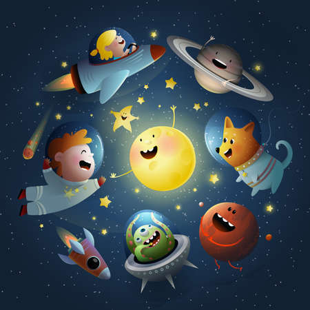 Space travel with kids, dog and UFO alien. Baby Cartoon illustration, sun and stars outer space wallpaper for children, fantastic galaxy kids design. Vector wallpaper design in watercolor style.のイラスト素材