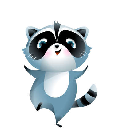Funny baby raccoon dancing and jumping, cute forest animal illustration for kids. Children cartoon of adorable happy smiling raccoon dancing, isolated vector clipart.のイラスト素材