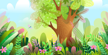 Mysterious enchanted forest wallpaper for kids. Childish illustration of a magic woodland, cute colorful forest cartoon. Vector scenery graphics.のイラスト素材