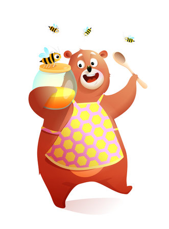 Cute teddy bear with jar of honey and bees. Happy bear holding honey and a spoon, cute animal character. Hilarious comic vector illustration for kids.のイラスト素材
