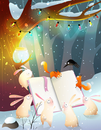 Animals reading book under big tree at night, rabbits and squirrel in forest cold winter night studying. Storytelling illustration for children library or school poster. Animals vector for kids.のイラスト素材