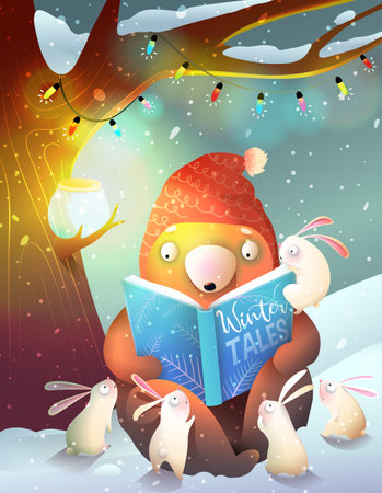 Bear teacher reading book under big tree to rabbits in forest cold winter night, storytelling illustration for children library or school. Cute reading animals in woods. Vector art for kids.のイラスト素材