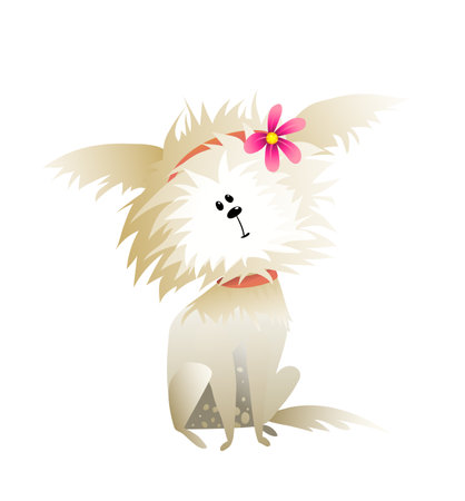 Funny fluffy little dog, small comical terrier puppy, hilarious pup illustration for children. Vector dog graphics, hand drawn illustration.のイラスト素材