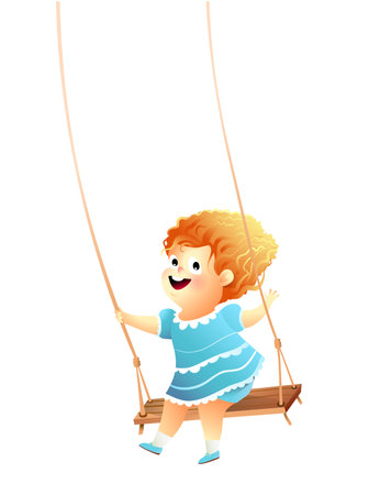 Cute little girl swinging, smiling happily. Joyful kids cartoon with child wearing summer dress, baby girl swinging. Childhood joy isolated clipart illustration for Kids.のイラスト素材