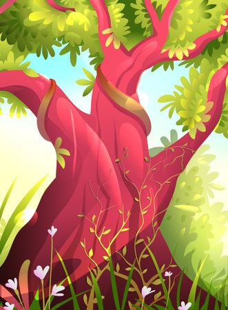 Big old tree trunk with green leaves in park or forest, sunny summer scenery. Artistic nature and jungle drawing, bright and colorful summer background. Artistic Illustration in watercolor style.のイラスト素材