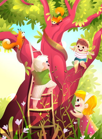 Children playing in nature park, climbing a big tree. Colorful childhood fun summer scenery, happy kids playing on big tree cartoon. Artistic vector wallpaper illustration in watercolor style.のイラスト素材