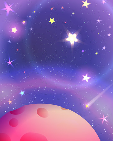 Red planet in outer space with stars in sky. Fantastic and Futuristic empty wallpaper landscape, imaginary planet and colorful universe. Vector cartoon illustration for kids storytelling.のイラスト素材