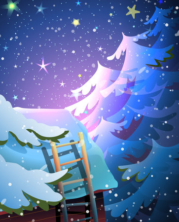 Roof of house at winter night with stars and snowfall in forest, magical landscape scenery. Christmas dreams, stargazing in forest. Winter stars and forest cartoon. Vector artistic illustration.のイラスト素材