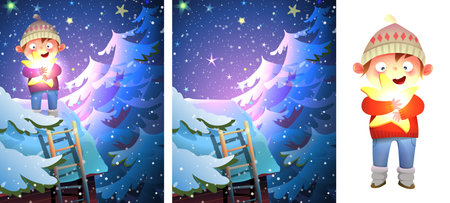 Cute little boy on the roof holding a star. Winter night in forest romantic starry sky. Childhood Christmas dreams and wishes drawing for kids story. Vector artistic illustration in watercolor style.のイラスト素材