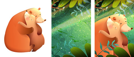 Forest animals illustration. Bear mother loves and hugs her baby. Magical forest background and bears isolated clipart. Cute Illustration for children.のイラスト素材
