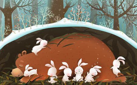 Animals sleeping in den in woods, bear and bunnies asleep in a burrow underground. Kids illustration of bear hibernating with rabbits in forest. Vector wallpaper illustration for children.のイラスト素材