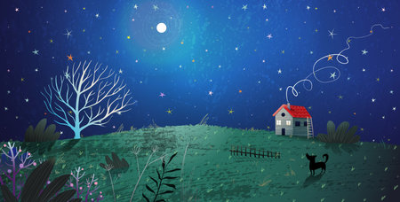 House with smoking chimney at night under the stars. Magic dark landscape fantasy background for kids. Fairytale or bedtime story cartoon for children. Hand drawn artistic textured vector illustrationのイラスト素材