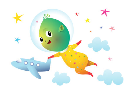 Little baby Alien or extraterrestrial playing with rocket or spacecraft in space. Extraterrestrial, stars and spacecraft clip art isolated on white. Childish cosmos vector graphic for kids.のイラスト素材