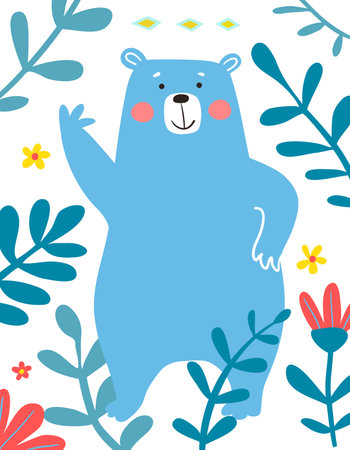 Cute baby bear animal in Scandinavian style isolated on white with floral decoration. Hand drawn bear for kids t shirt print. Animal for children modern simple vector design for greeting card.のイラスト素材