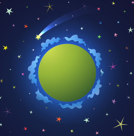 Cute Green Planet for Kids in outer space with shooting stars. Childish planetarium, fantasy earth with clouds wallpaper background. Fantastic playful colorful earth for kids. Vector graphics.のイラスト素材