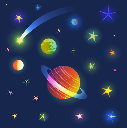 Imaginary stars and planets, cosmos elements design isolated for dark background. Shiny bright colorful illustration elements for kids galaxy design. Vector graphics for children cosmos design.のイラスト素材